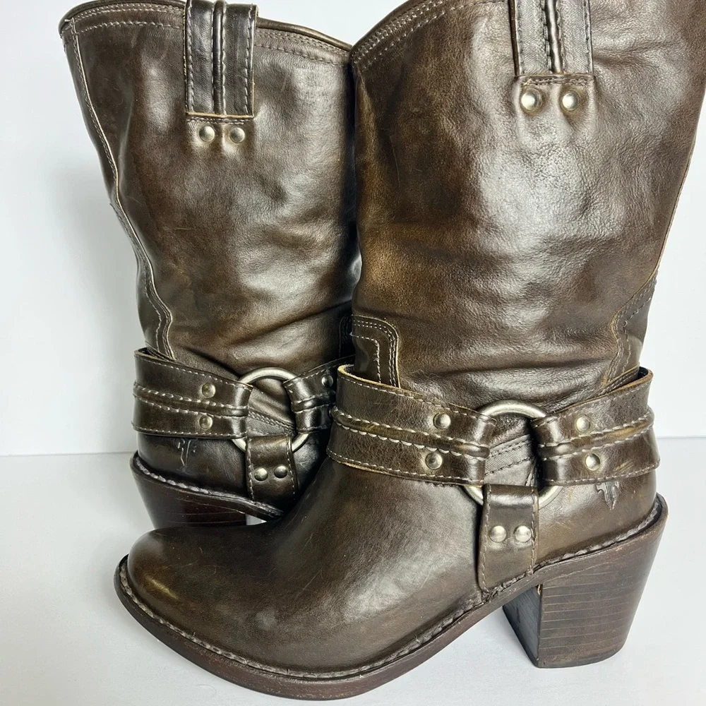 Frye Dark Brown Leather Harness Mid-Calf Boots - Picture 11 of 12
